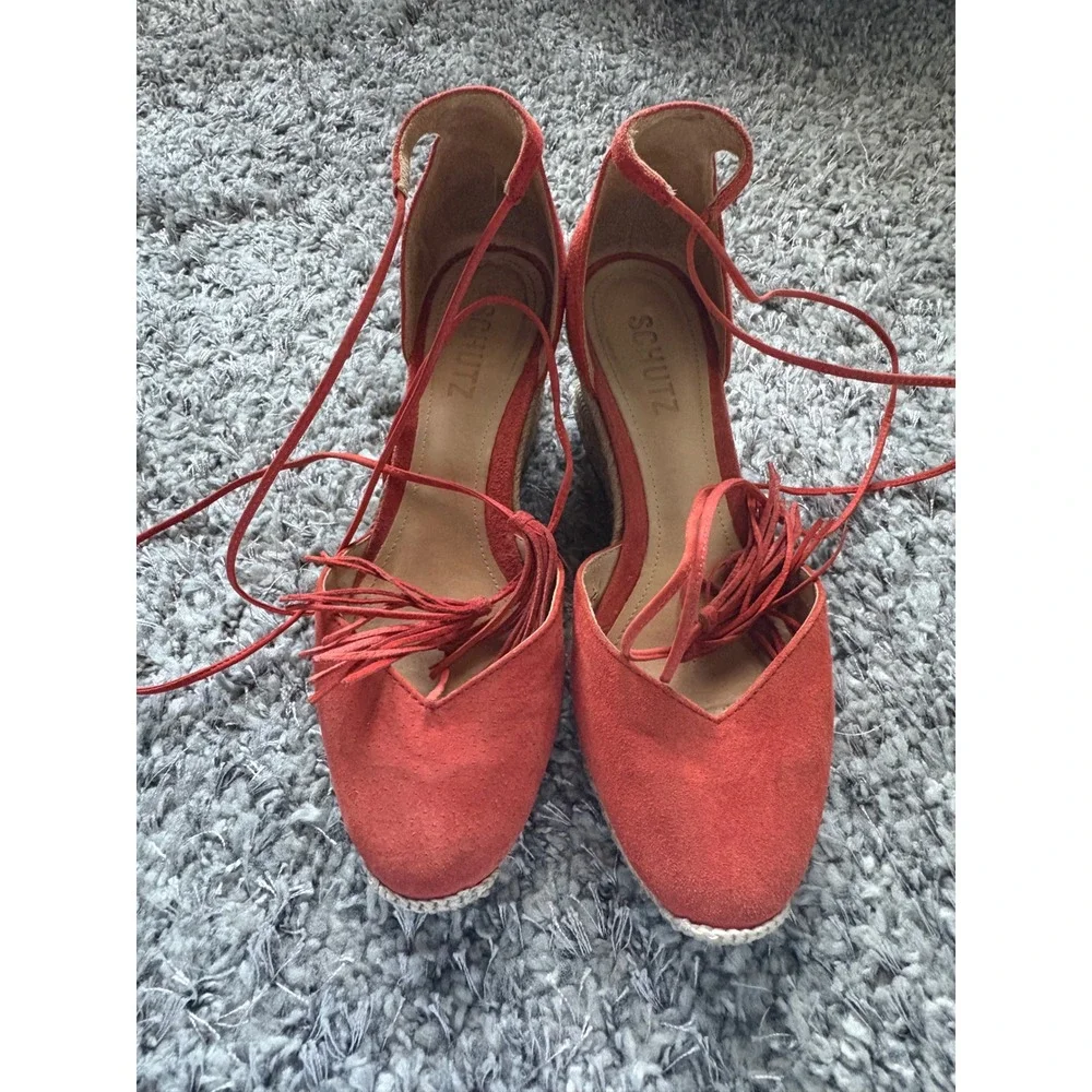 Schutz Red Suede Lace‎ Up Tassel Espadrille Wedges Size 38 EUR